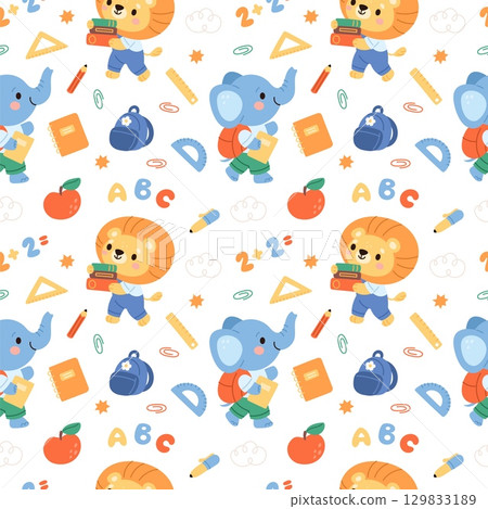 Animals back to school seamless pattern. Kids fauna characters, little students, books, backpacks and notepads. Textile, wrapping paper, wallpaper. Print for fabric garish vector background 129833189