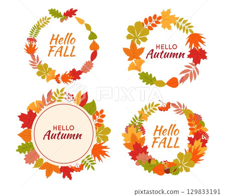 Autumn leaves round frames. Cute falling hello season wreaths, decorative circle foliage elements, cozy design with plants, cards and posters graphic objects, splendid vector isolated set 129833191