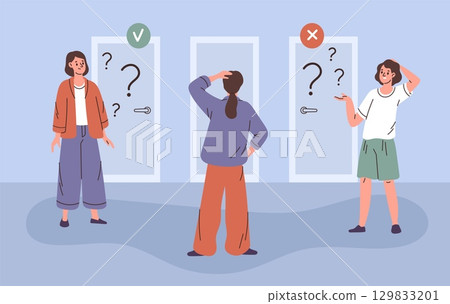 Choosing right door. Women solve dilemma, finding direction or path, thoughtful female characters, difficult choice, confusing girl alternative solution, garish vector cartoon flat concept 129833201