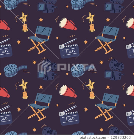 Cinema elements seamless pattern. Filming production, movies objects, clapperboard, camera, award, director chair. Textile, wrapping paper, wallpaper. Print for fabric garish vector background Cinema elements seamless pattern. Filming production, movies objects, clapperboard, camera, award, director chair. Textile, wrapping paper, wallpaper. Print for fabric garish vector background 129833203