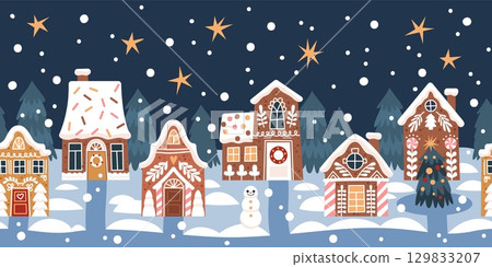 Gingerbread houses street. Cute christmas landscape with funny sweet glazed cookies, new year night city, home biscuits, xmas background cartoon flat style isolated tidy vector concept Gingerbread houses street. Cute christmas landscape with funny sweet glazed cookies, new year night city, home biscuits, xmas background cartoon flat style isolated tidy vector concept 129833207