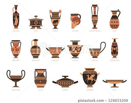 Historical greek pottery. Traditional mediterranean ceramics, ancient ornaments, mythology scenes, clay products, old amphorae and vases. Archaeological crockery tidy vector flat isolated set 129833209