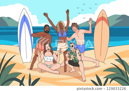 People posing beach. Happy friends group having fun, men and women with sups at sea, surfing on shore, summer vacation on ocean tropical resort, cartoon flat style tidy vector concept 129833226