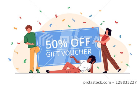 People with big gift card. Friends group with large voucher, discount and sale banner, happy characters with coupon, ad certificate cartoon flat style isolated nowaday vector concept People with big gift card. Friends group with large voucher, discount and sale banner, happy characters with coupon, ad certificate cartoon flat style isolated nowaday vector concept 129833227