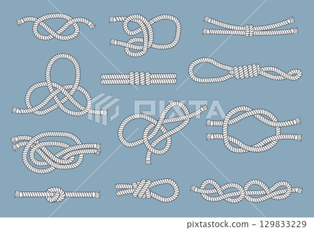 Rope knots and loops. Nautical nodes, navy cordage elements, decorative marine design, different types sea hitches. Decorative and functional cords and cable splendid vector isolated set 129833229