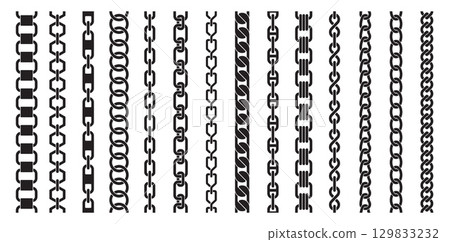 Silhouette chains. Different weaving black seamless borders, decorative jewelry for pendants, recurring metal segments, Elegant precious black necklaces nowaday vector isolated flat set 129833232