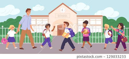 Students go school. Little pupils, boys and girls go to school with parent, kids education, happy children, backpacks, schoolbag with books, cartoon flat isolated garish vector concept 129833233