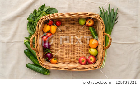 Fresh fruits and vegetables arranged in a wicker basket on a light fabric background 129833321