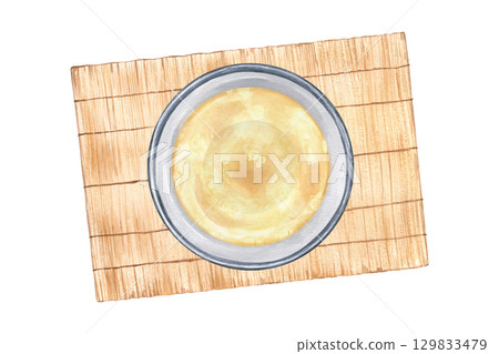 Aromatic hot broth in plate standing on bamboo mat watercolor illustration on isolated background. Bone broth made from chicken, beef or pork. Homemade meat bouillon in bowl, healthy food for menu 129833479