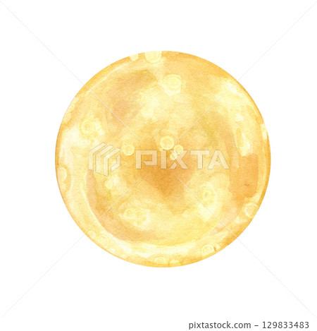 Yellow golden hand painted watercolor round texture like full moon, sun, planet or broth on isolated background. Abstract backdrop, decorative element for Halloween holiday, cooking design, for text. 129833483