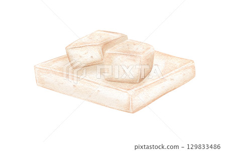 Raw tofu or feta cheese watercolor illustration on isolated background. White mold cheese, Greek fitaki, brie or camembert. Asian food, Mediterranean cuisine. For vegan food packaging, cookbooks. 129833486