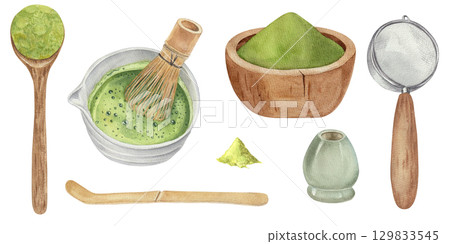 Watercolor Matcha tea set. Hand-drawn painted 129833545