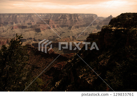 Sunset Hazy Sky Day At The Grand Canyon Arizona 129833761