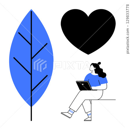 Woman seated with laptop, large blue leaf to the left, black heart symbol above. Ideal for wellness, self-care, work-life balance, nature, creativity, digital nomad lifestyle, minimalism themes. Line Woman seated with laptop, large blue leaf to the left, black heart symbol above. Ideal for wellness, self-care, work-life balance, nature, creativity, digital nomad lifestyle, minimalism themes. Line 129833778