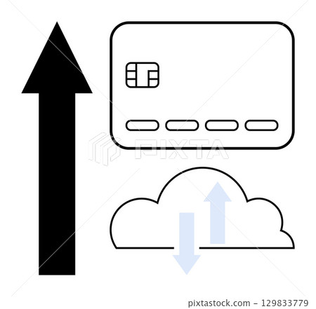 Black upward arrow, credit card chip and numbers, cloud with blue data transfer arrows. Ideal for fintech, digital payments, data storage, online transaction security, cloud computing, financial 129833779