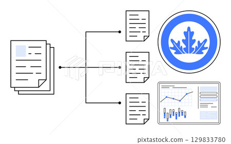 Documents connected, sorted into categorized papers and represented by an official emblem and analytical graph. Ideal for workflows, data management, business processes, visual data representation Documents connected, sorted into categorized papers and represented by an official emblem and analytical graph. Ideal for workflows, data management, business processes, visual data representation 129833780