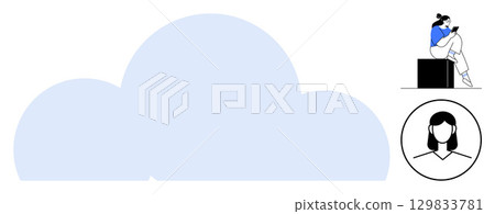 Woman sitting on a box using a smartphone, large blank cloud shape, and female avatar in circle. Ideal for technology, cloud computing, avatars, communication, social media, user profiles 129833781
