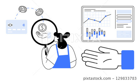 Financial analyst looking at dollar sign through magnifying glass, credit card, coins, graphs. Ideal for financial services, data analysis, business strategy, market research, fintech, economic 129833783