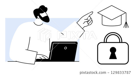 Man using laptop points at graduation cap and padlock. Ideal for education, online learning, cybersecurity, data protection, academic achievement, digital safety, technology. Line metaphor Man using laptop points at graduation cap and padlock. Ideal for education, online learning, cybersecurity, data protection, academic achievement, digital safety, technology. Line metaphor 129833787