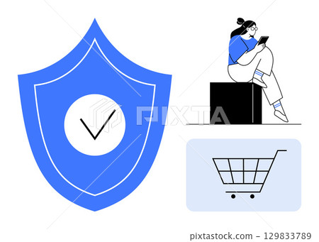 Man sitting on a cube looking at tablet, blue shield with check mark, shopping cart icon. Ideal for cybersecurity, online shopping, digital security, e-commerce, internet safety, mobile devices Man sitting on a cube looking at tablet, blue shield with check mark, shopping cart icon. Ideal for cybersecurity, online shopping, digital security, e-commerce, internet safety, mobile devices 129833789