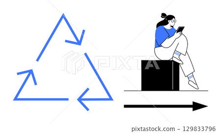 Large blue recycling arrows triangle and seated person reading tablet. Ideal for sustainability, education, technology, innovation, modern lifestyle, environmental awareness, digital learning. Line 129833796