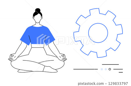 Woman seated cross-legged in a meditative pose next to a large gear icon. Ideal for stress relief, work-life balance, productivity, wellness programs, mindfulness, mental health, corporate wellness Woman seated cross-legged in a meditative pose next to a large gear icon. Ideal for stress relief, work-life balance, productivity, wellness programs, mindfulness, mental health, corporate wellness 129833797