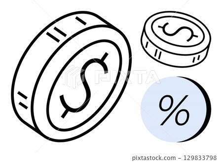 Three coins with dollar signs and a percentage symbol on a circular blue background. Ideal for finance, banking, investments, savings, currency exchange, economic education, business presentations Three coins with dollar signs and a percentage symbol on a circular blue background. Ideal for finance, banking, investments, savings, currency exchange, economic education, business presentations 129833798