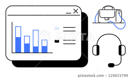 Bar chart on a business webpage, briefcase, and headset. Ideal for business, office, communication, finance, technology, remote work, and productivity themes. Line metaphor Bar chart on a business webpage, briefcase, and headset. Ideal for business, office, communication, finance, technology, remote work, and productivity themes. Line metaphor 129833799