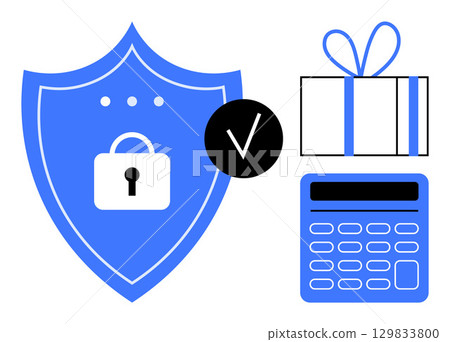 Blue lock on shield, gift box with ribbon, calculator, black circle with checkmark. Ideal for cybersecurity, online protection, privacy, financial security secure transactions gifts safety. Line 129833800