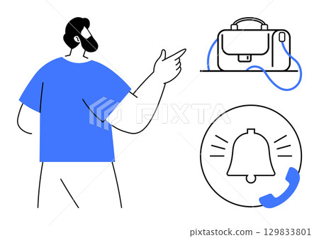 Man points at briefcase and notification symbols indicating business tasks and communication alerts. Ideal for business management, workplace organization, digital communication, task reminders 129833801