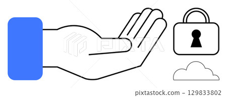 Open hand with blue sleeve, padlock, and cloud icon. Key themes security, trust, protection, cloud services, data privacy online safety and digital reliability. Line metaphor 129833802