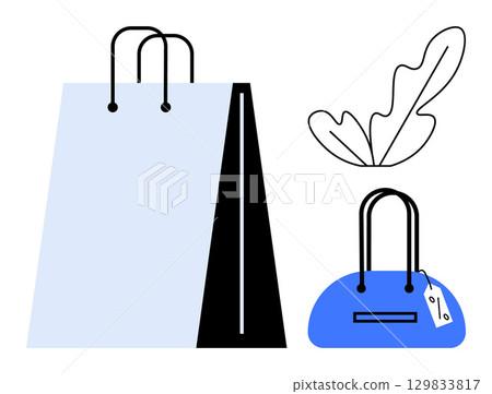 Shopping bag with dark handles, stylish handbag with price tag, and outline of leaves. Ideal for retail, e-commerce, fashion, marketing, eco-friendly themes modern lifestyle. Line metaphor 129833817