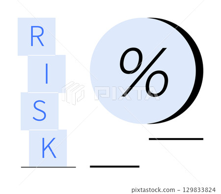 Stacked boxes spelling RISK beside a large percentage symbol, symbolizing financial and business risk evaluation. Ideal for finance, investment, insurance, risk management, business strategy 129833824