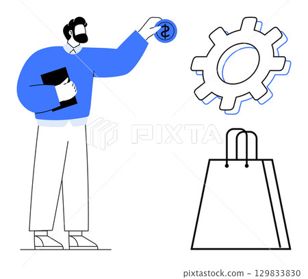 Man holding dollar sign coin, gear cog, and shopping bag conveying financial and industrial growth. Ideal for business strategy, investment, economic development, enterprise, retail management 129833830