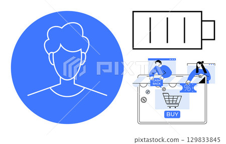 Profile user icon, empty battery symbol, and online shopping activities with characters clicking buy buttons and exploring discounts. Ideal for e-commerce, user experience, shopping, technology Profile user icon, empty battery symbol, and online shopping activities with characters clicking buy buttons and exploring discounts. Ideal for e-commerce, user experience, shopping, technology 129833845