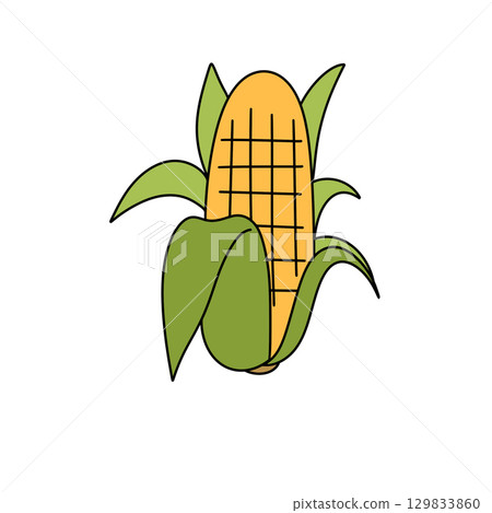 A cartoon drawing of a corn cob with a green leaf on top 129833860