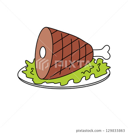 A cartoon ham hock is on a plate with lettuce A cartoon ham hock is on a plate with lettuce 129833863