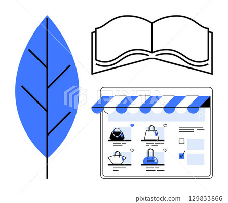 Tablet screen displaying online store with handbags, blue leaf, and open book outline. Ideal for e-commerce, digital catalogs, shopping apps, online reading, eco-friendly products, retail and tech 129833866
