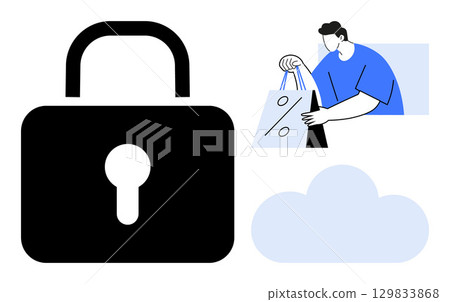 Man holding bags with discount signs, large padlock symbol, and cloud image in background. Ideal for online shopping, e-commerce security, data protection, retail sales, discounts, cloud services Man holding bags with discount signs, large padlock symbol, and cloud image in background. Ideal for online shopping, e-commerce security, data protection, retail sales, discounts, cloud services 129833868