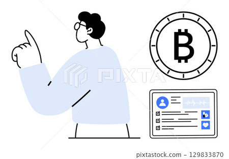 Businessperson gesturing with raised finger, Bitcoin symbol, digital profile with social media icons. Ideal for cryptocurrency, finance, business strategy, digital identity, social media, online 129833870