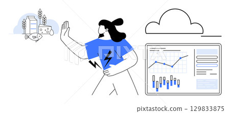 Person with rising energy symbol avoiding dairy products while looking at an increasing graph on a computer screen. Ideal for lactose intolerance, health, diet, energy boost, data analysis, digital Person with rising energy symbol avoiding dairy products while looking at an increasing graph on a computer screen. Ideal for lactose intolerance, health, diet, energy boost, data analysis, digital 129833875
