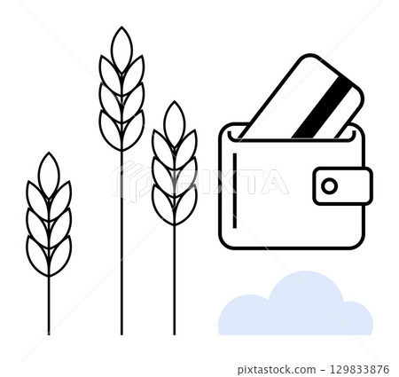 Wallet with bank card next to three wheat stalks and cloud. Ideal for agriculture finance, investment, economic growth, banking, farming, sustainability, food security. Line metaphor 129833876