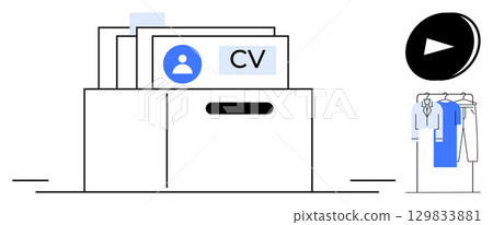 Stack of CVs in drawer with avatar icon, large play button, and clothing rack with shirts. Ideal for job applications, recruitment, resumes, HR, professional attire, career development digital 129833881