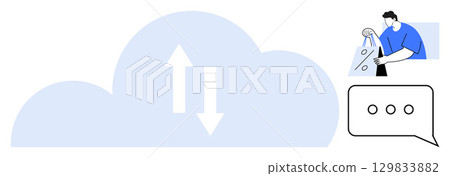 Cloud with data transfer arrows, a person shopping online with a smartphone, and a messaging icon. Ideal for cloud computing, data management, e-commerce, digital communication, technology, online 129833882