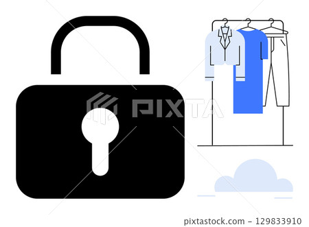 Large black padlock next to hanging garments, representing secured clothing storage. Ideal for cybersecurity, data protection, personal security, safe storage, fashion security, online privacy, home Large black padlock next to hanging garments, representing secured clothing storage. Ideal for cybersecurity, data protection, personal security, safe storage, fashion security, online privacy, home 129833910