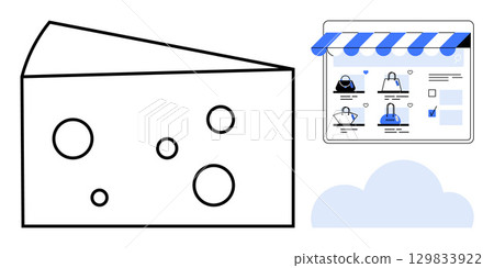 Cheese slice with holes adjacent to a digital store interface showing products under a blue awning. Ideal for online shopping, retail, e-commerce, food industry, marketing, web design, digital 129833922
