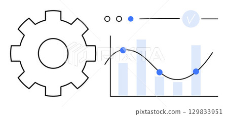 Gear icon next to a graph with blue bars and connected data points. Ideal for data analysis, business strategy, process optimization, technology, engineering, performance monitoring 129833951