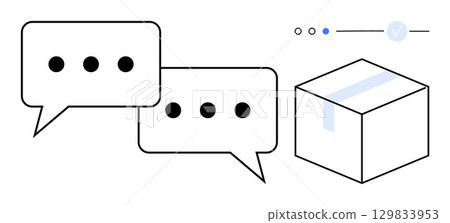 Speech bubbles with ellipses and a package with tape. Ideal for communication, customer service, logistics, messaging apps, online shopping, shipment tracking, business updates. Line metaphor 129833953