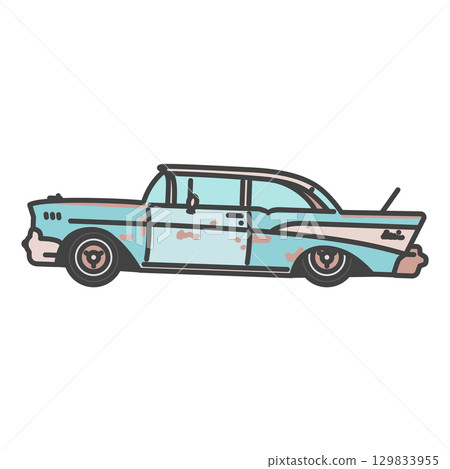 20 世紀 50 年代美國經典汽車的插圖：陳舊生鏽的老式汽車 129833955