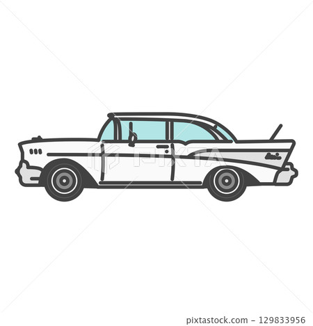 20 世紀 50 年代美國經典汽車插畫：正品、全新、閃亮的古董車 129833956